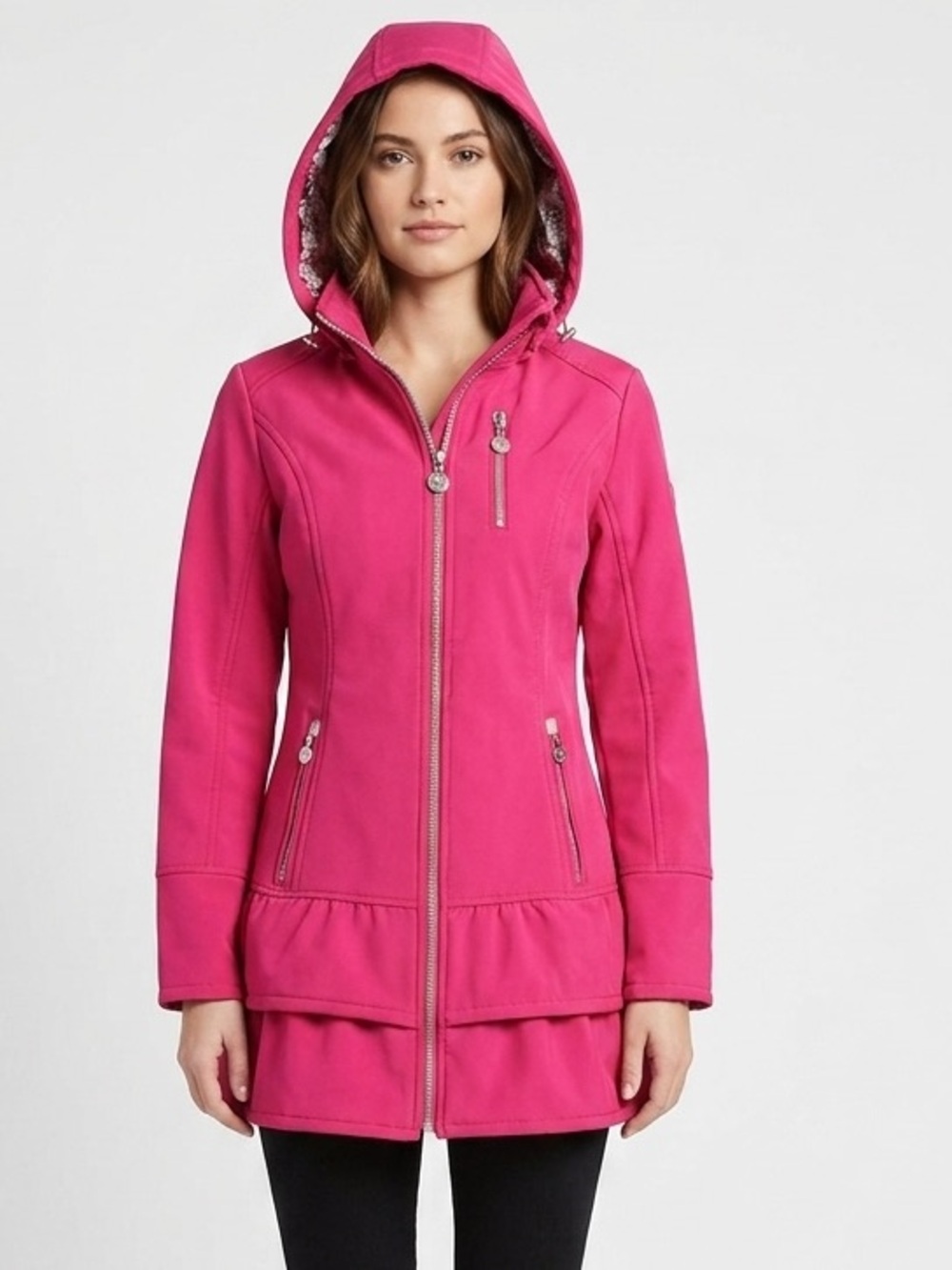 Betsey Johnson Women's Pink Zip Front Hooded Soft Shell Raincoat Jacket Size XS